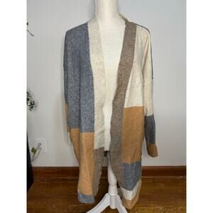 BKE Colorblock Open Front Cardigan Sweater Women's Large Grey Tan Cream Neutral